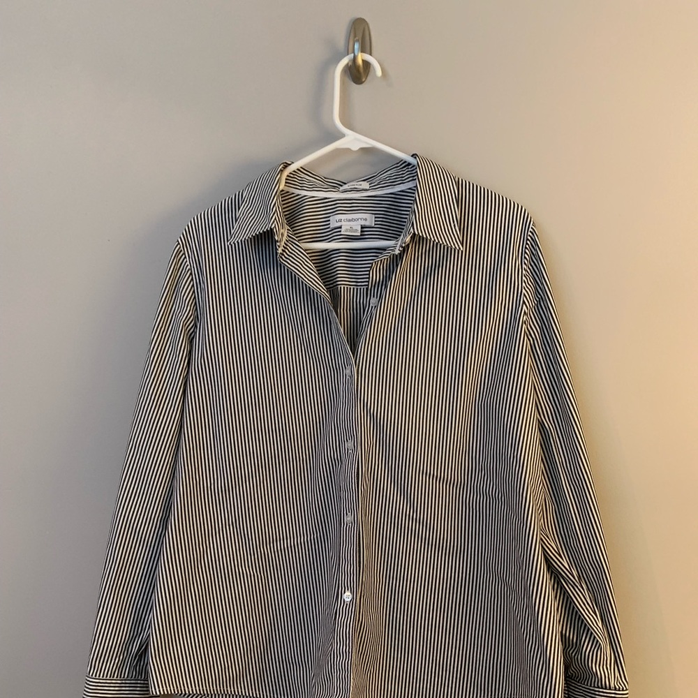 Black and white striped cotton button front shirt